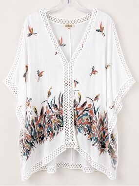 Listicle White Crochet Trim Floral Feather Swim Cover Up Poncho Top L Topper